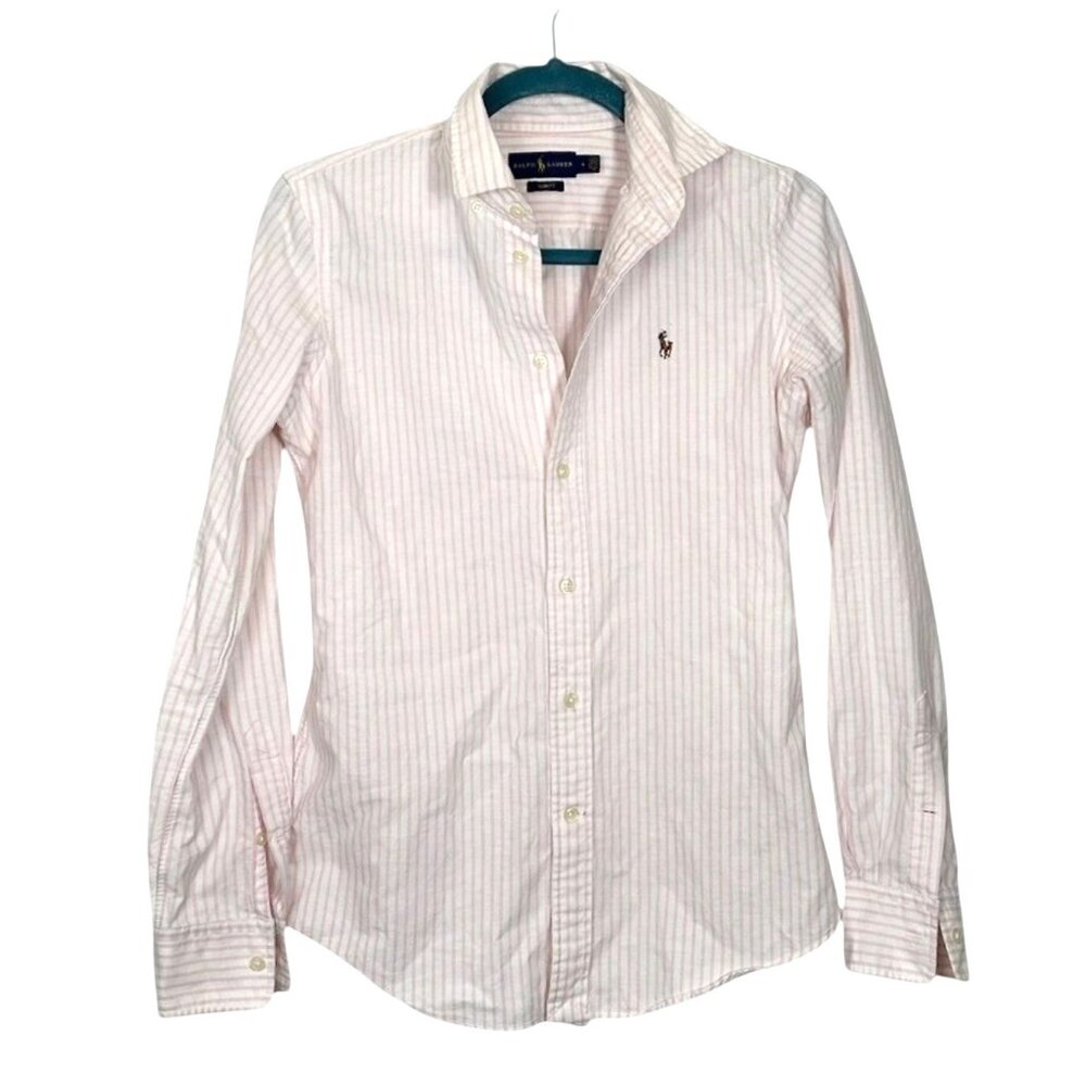 Ralph Lauren Women's Button-Down Shirt in White with Light Pink Stripes